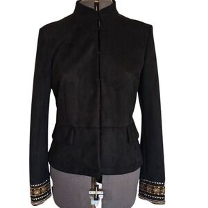 Zara Basic Black Faux Suede Jacket W/ Beaded Embellished Cuffs Hook & Eye Closur